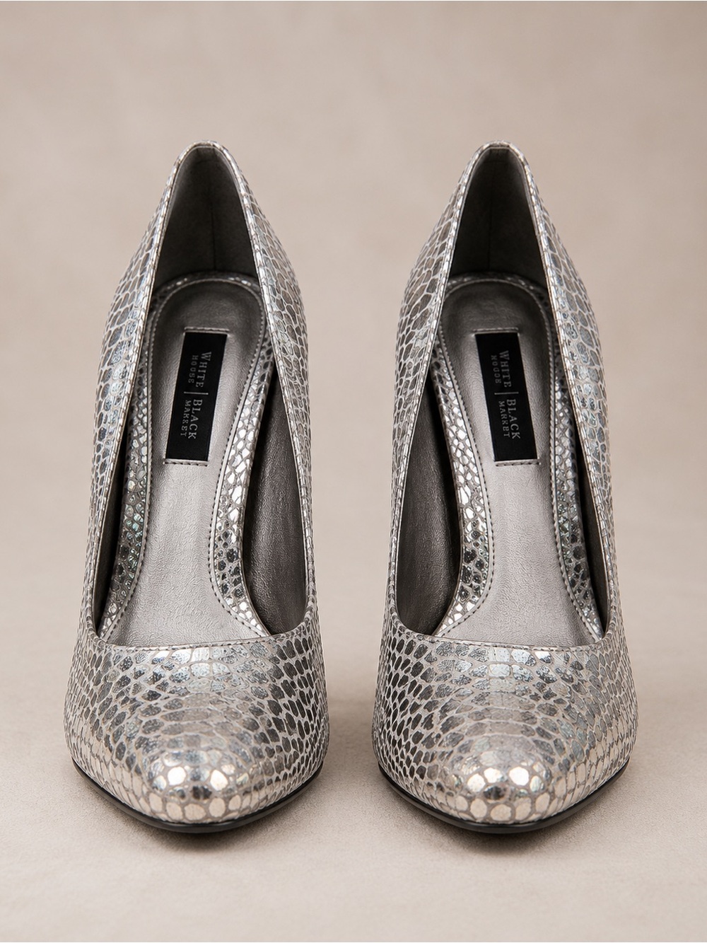 White House Black Market Metallic Silver Snake-Embossed Pointed Pumps